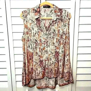 Knapp Studio Snakeskin Sleeveless Button Down Hi-Low Flounce Hem Top Size XL